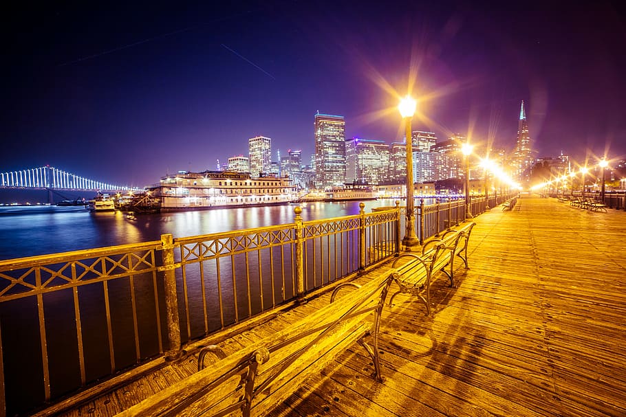 Old Pier and San Francisco Skyline with Bay Bridge at Night, architecture