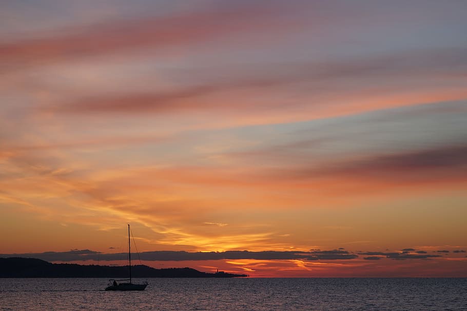 evening sky, sea, ship, sunset, nature, dusk, nautical Vessel HD wallpaper