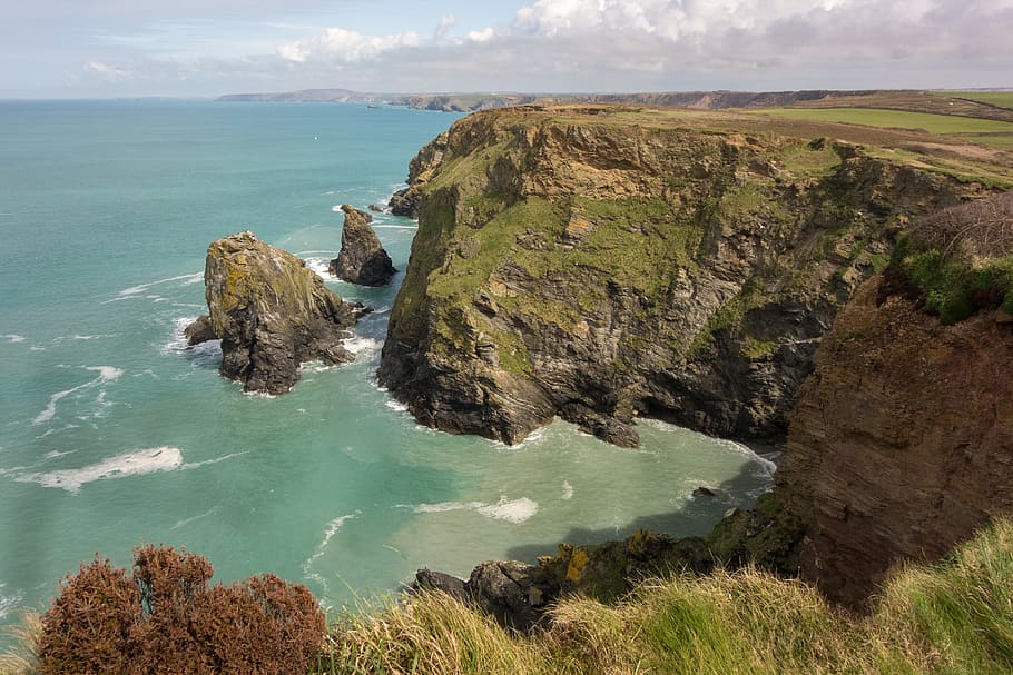 cornwall, cliff, coast, sea, rugged cliff, ocean, beach, coastline HD wallpaper