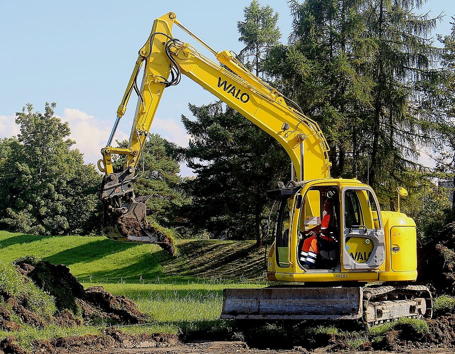 yellow excavator on green field, construction machine, excavators HD wallpaper