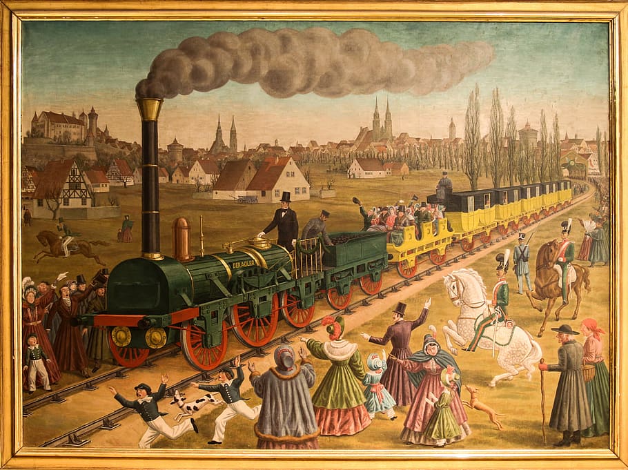 painting of train and people with beige wooden frame, nuremberg