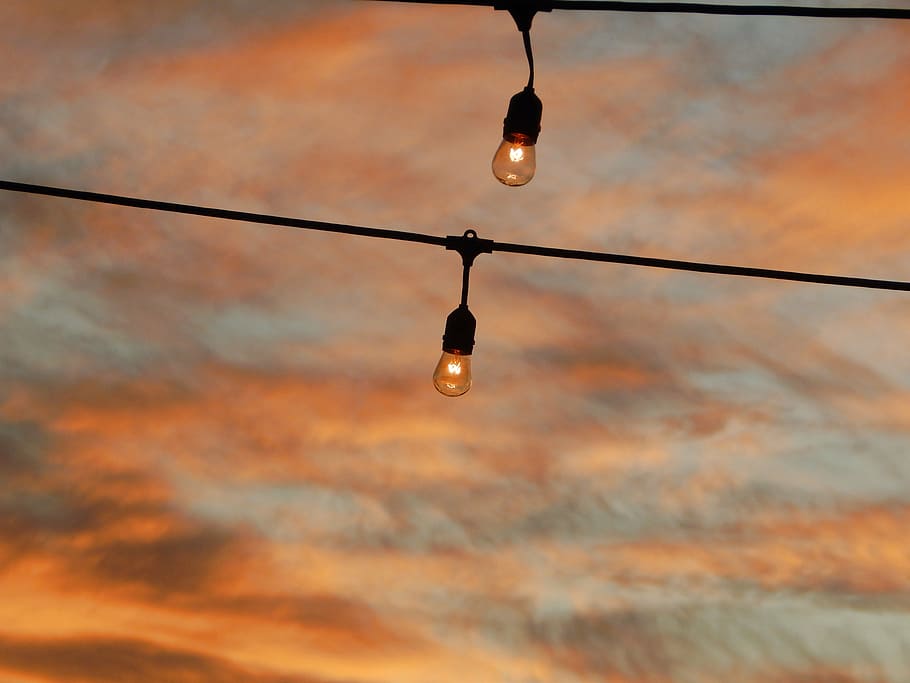 sunset, clouds, sky, nature, red, lights, focus, twilight, hanging HD wallpaper
