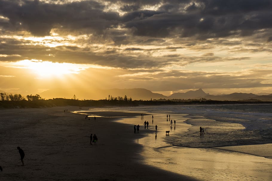 silhouette photography of people on seashore, beach, sunset HD wallpaper