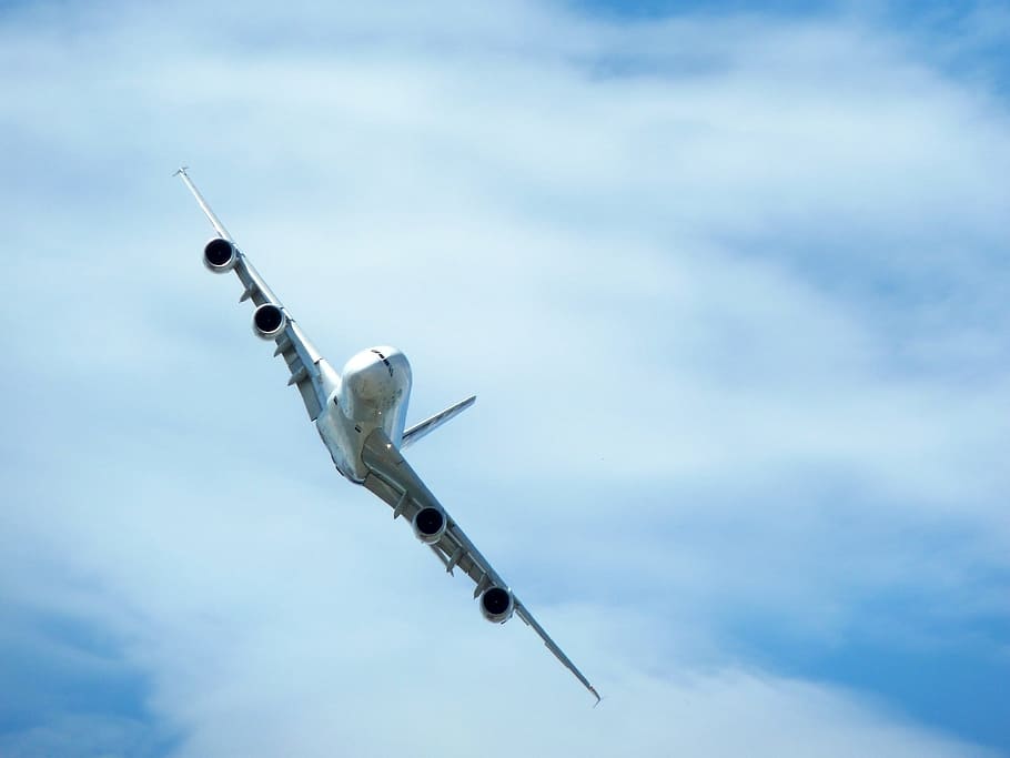 photo of white passenger plane on blue and white sky, Airbus, A380 HD wallpaper