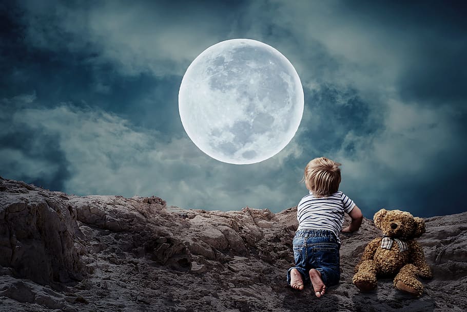 HD wallpaper: boy beside bear plush looking at moon, good night, small  child | Wallpaper Flare