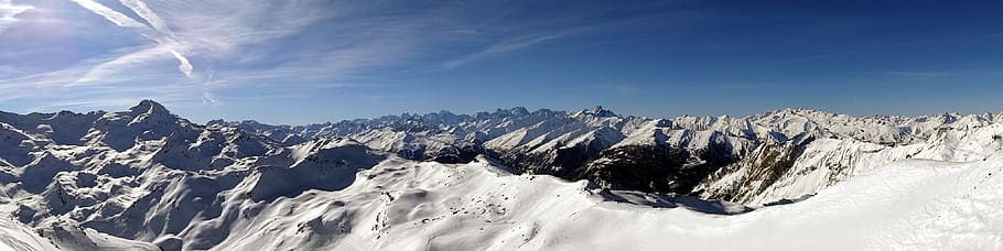 photography of mountain with snow during daytime, panoramic HD wallpaper