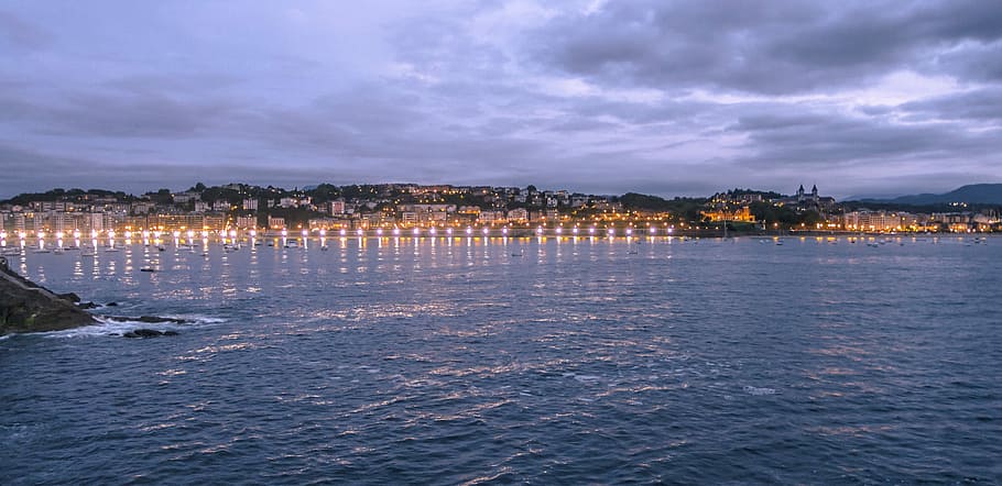 Santa Clara, Island, Night, Donostia, bay, sea, landscape, summer, HD wallpaper
