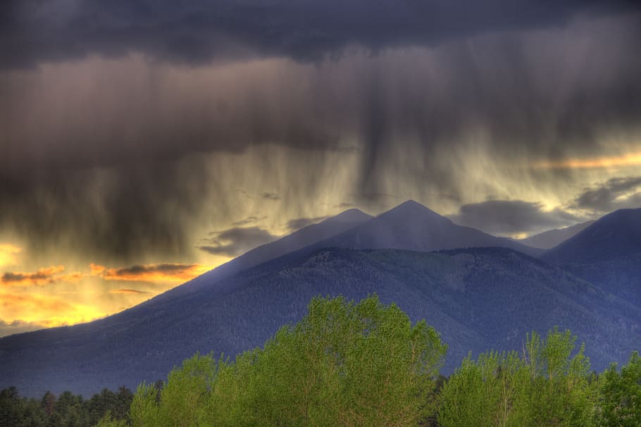 mountain surrounded by trees, storm, clouds, mountains, sky HD wallpaper