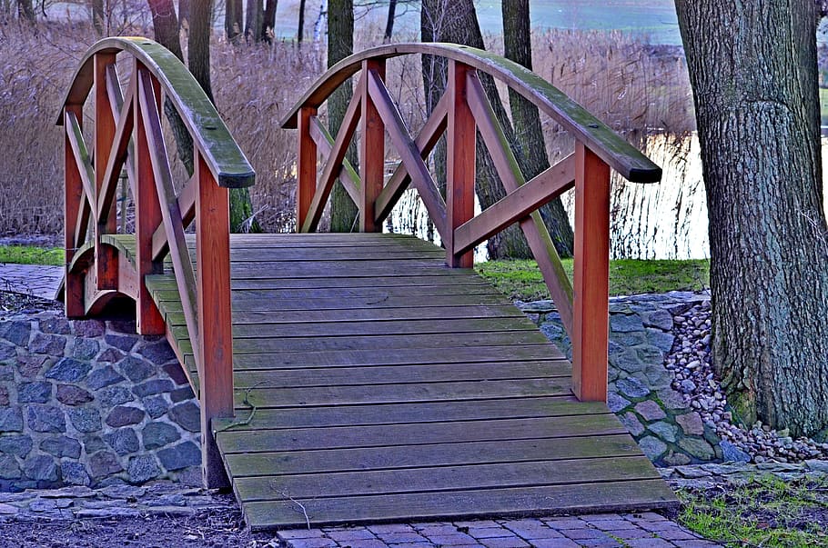 park, bridge, the brook, architecture, wood - material, built structure HD wallpaper