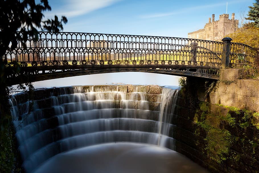 bridge, cascade, falls, flow, landscape, nature, park, river HD wallpaper