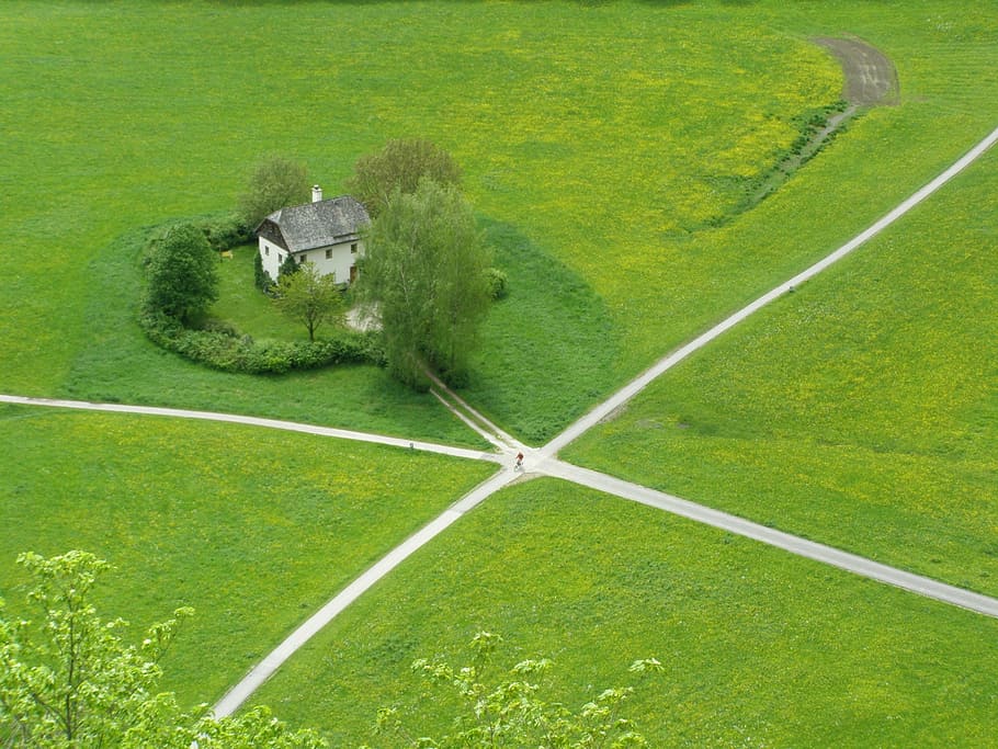 top view grass land field during daytime, crossroads, little house
