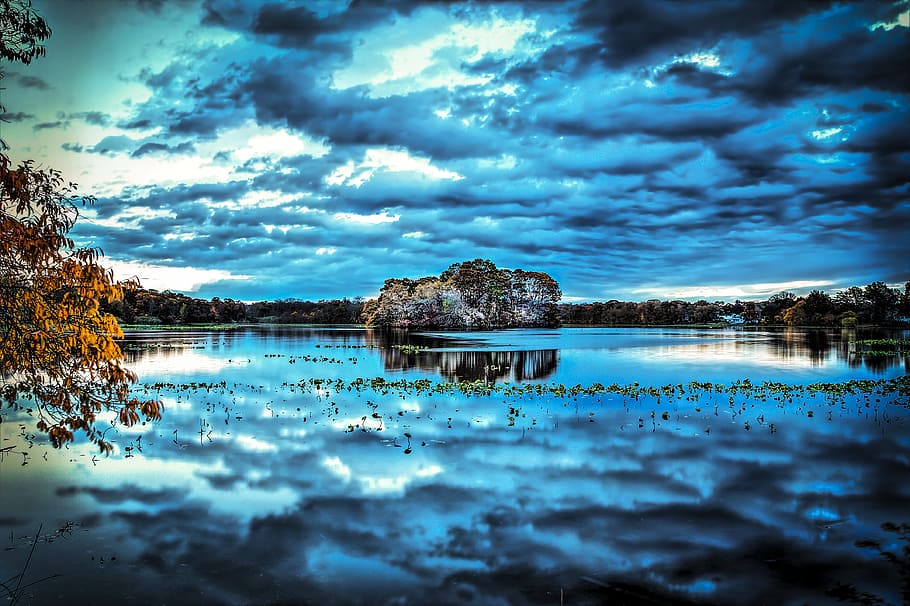forest near body of water, clouds, hdr, sky, reflections, storm HD wallpaper
