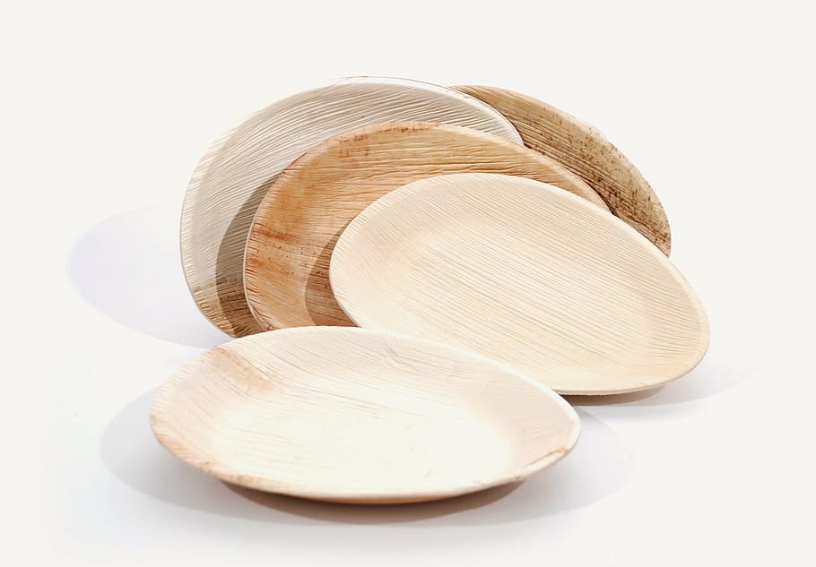 round, plates, palm leaf, material, dishware, wooden, wood - Material, HD wallpaper