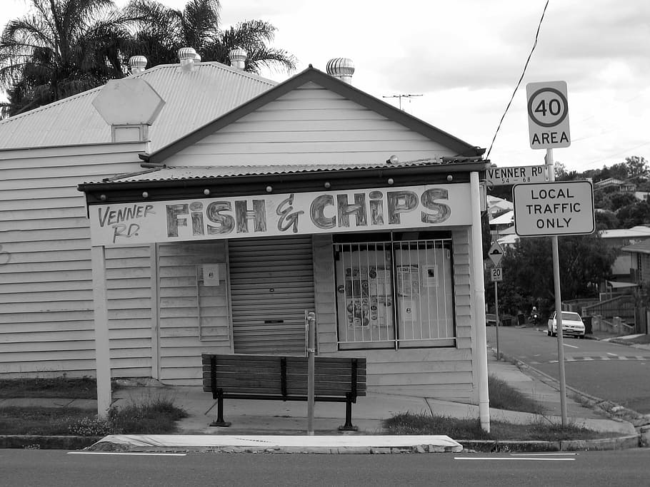 Black and White Photo on Fish & Chips Store Signage, architecture HD wallpaper