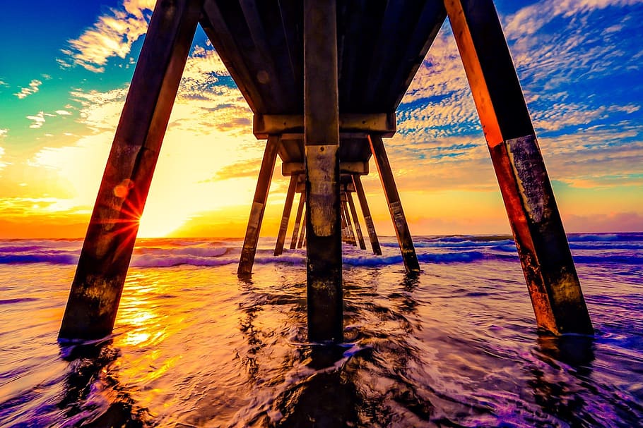 brown wooden dock under blue sky, jetty, pier, ocean, sea, coast HD wallpaper
