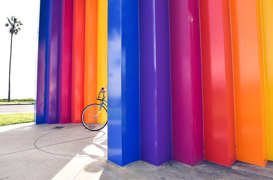 bicycle parked between multicolored walls, colors, art, design HD wallpaper