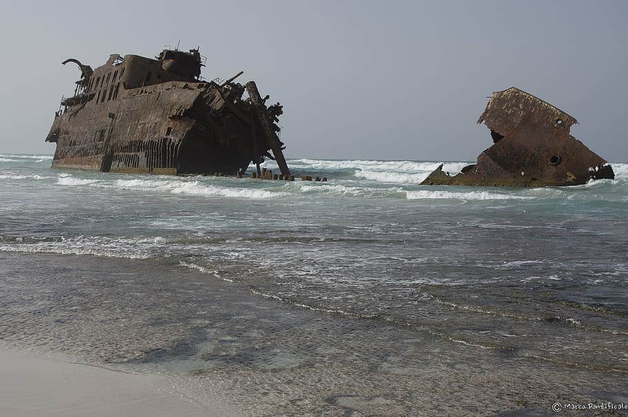 wreck, capoverde, sea, water, land, beach, sky, rock, rock - object HD wallpaper