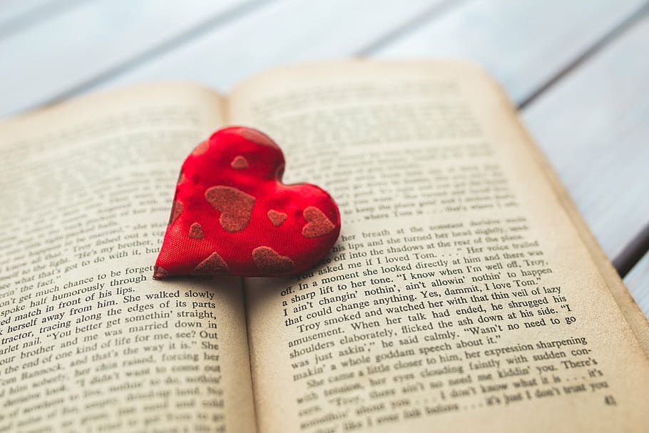 red heart frame on brown book page, love, reading, words, typo, HD wallpaper