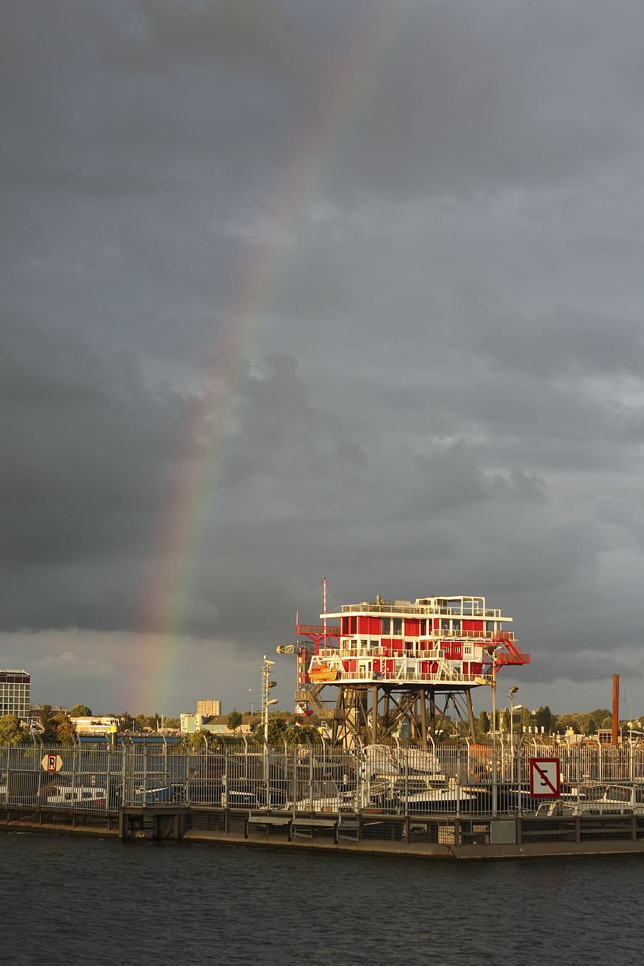 rainbow, port, amsterdam, clouds, heaven, air, for rain, grey HD wallpaper