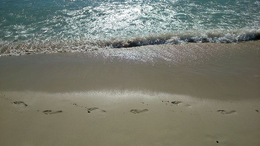footprints, sand, sun, beach, sea, coast, ocean, sand beach HD wallpaper