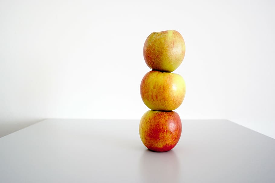 apple, three, fruit, healthy, stack, vitamins, red apple, food HD wallpaper