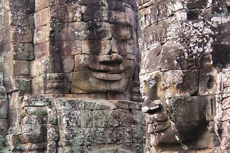 Gautama Buddha heads wall, bayon temple, travel, antique, old, HD wallpaper