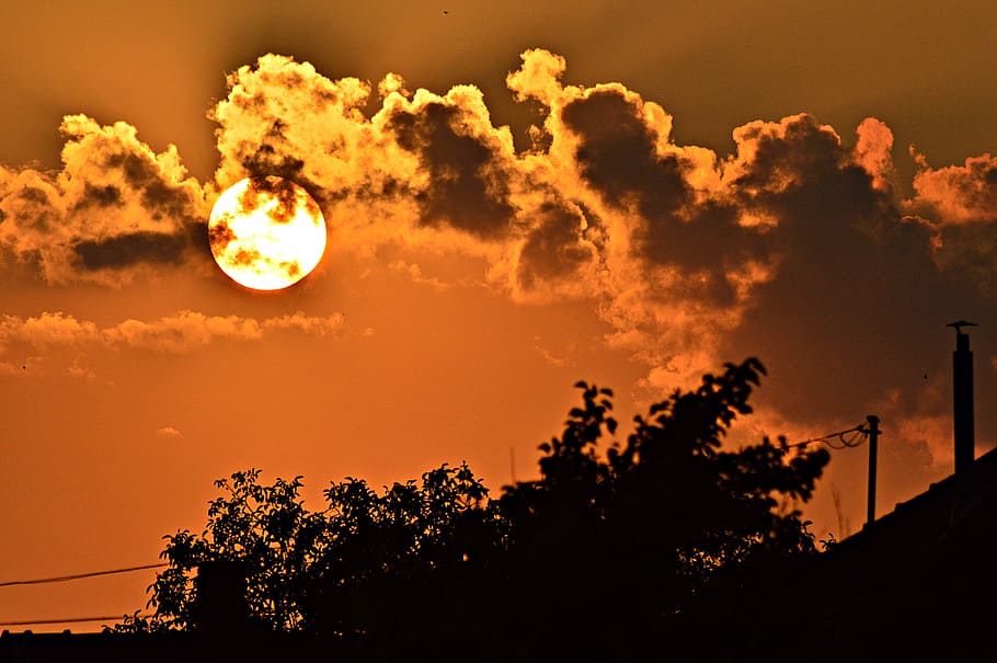 sunset, nightfall, red, dusk, sky, mood, light, in the evening HD wallpaper