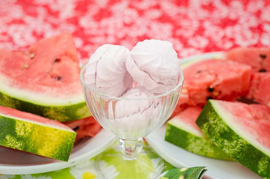 clear footed glass, watermelon, marshmallow, pink, candy, food HD wallpaper