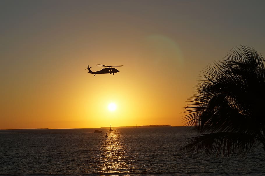 helicopter, sunset, key west, sea, sky, flying, silhouette HD wallpaper