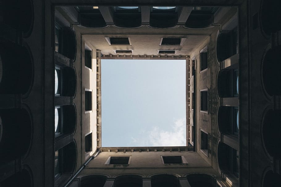 worm's eye view inside a concrete structure, worm's eyeview photo of high rise buildings, HD wallpaper