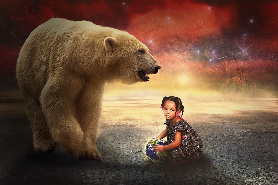 girl playing ball beside polar bear, composing, light star, dream world