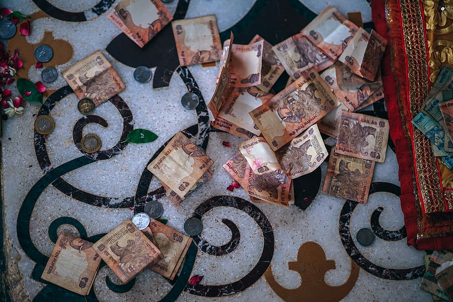 Donations, assorted Indian rupee coin and banknotes, flatlay HD wallpaper