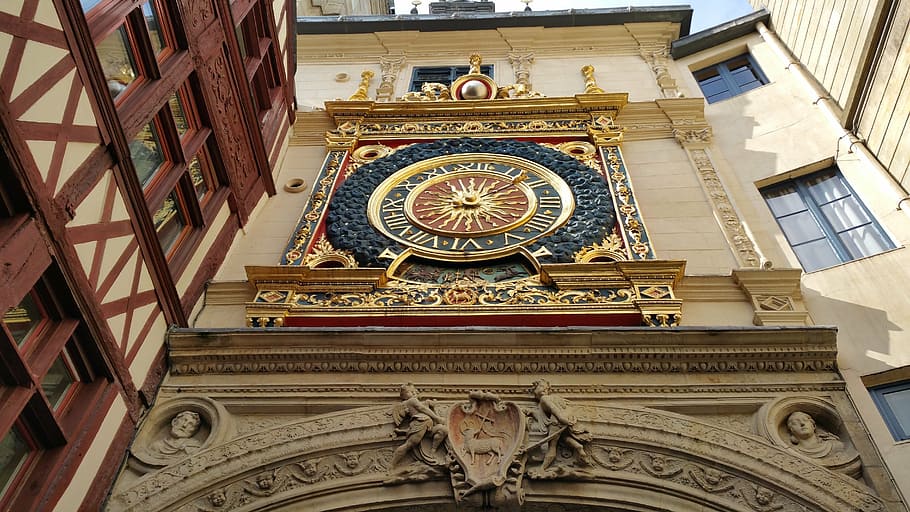 middle ages, clock, rouen, normandy, dial, france, timbered house HD wallpaper