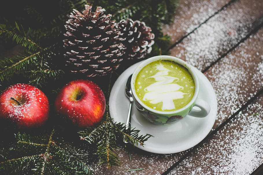 white ceramic mug beside red apples, white ceramic teacup with liquid near two apples HD wallpaper