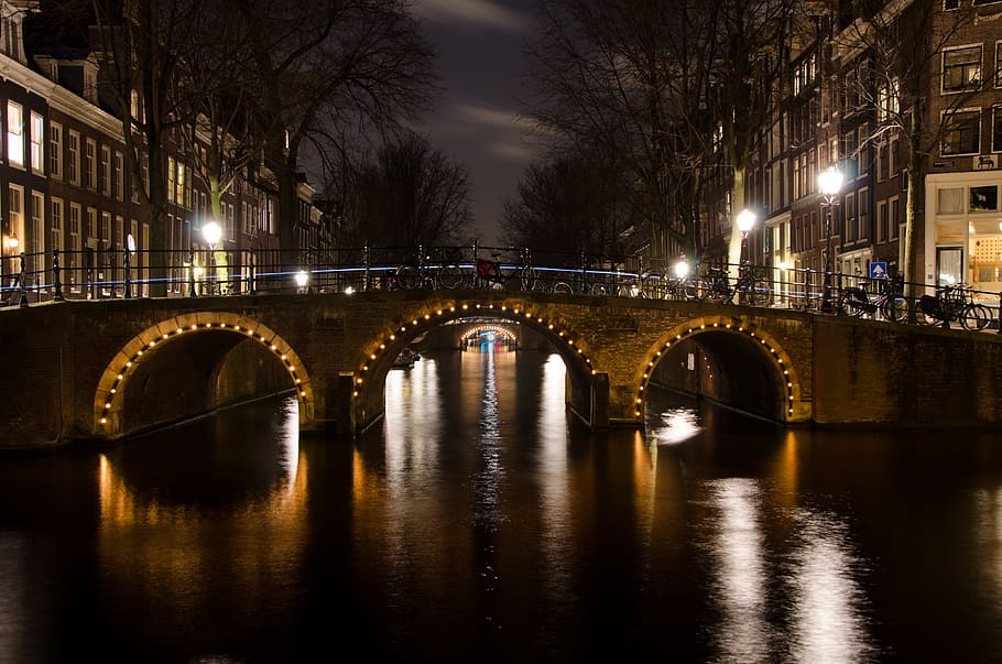 brown concrete bridge between two buildings, amsterdam, lights HD wallpaper