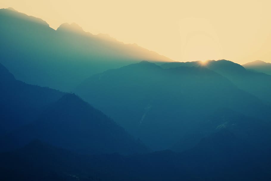 mountain range, mountains, nature, sun, sunlight, sunrise, sunset HD wallpaper