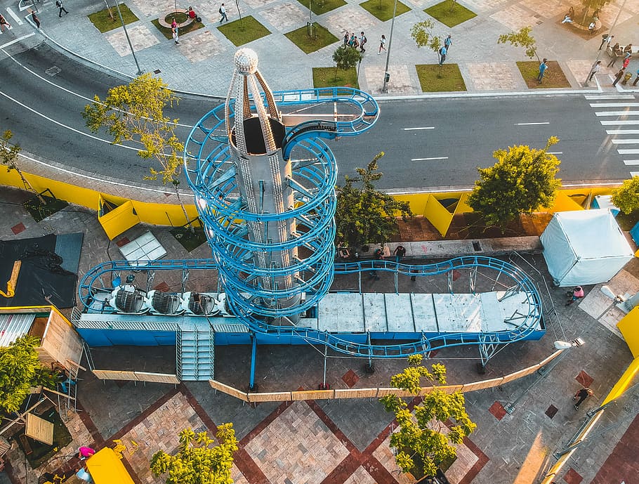 teal metal coaster, blue and white roller coaster ride, rollercoaster HD wallpaper