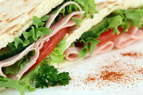 sandwich with lettuce, sliced tomatoes, and cold cuts, appetizer HD wallpaper