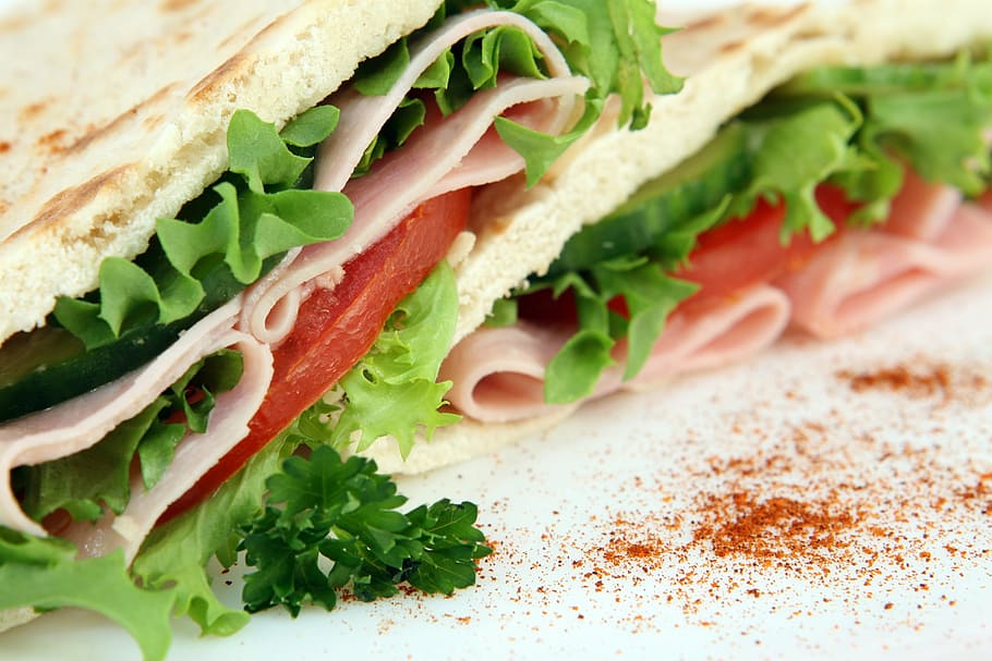 sandwich with lettuce, sliced tomatoes, and cold cuts, appetizer HD wallpaper