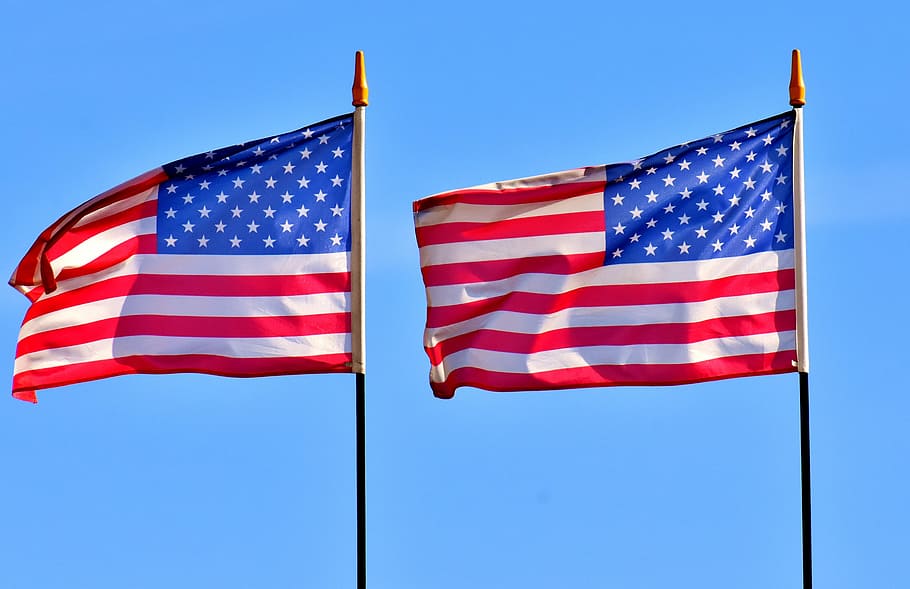 two USA flags, america, united states, american flag, land, flag usa