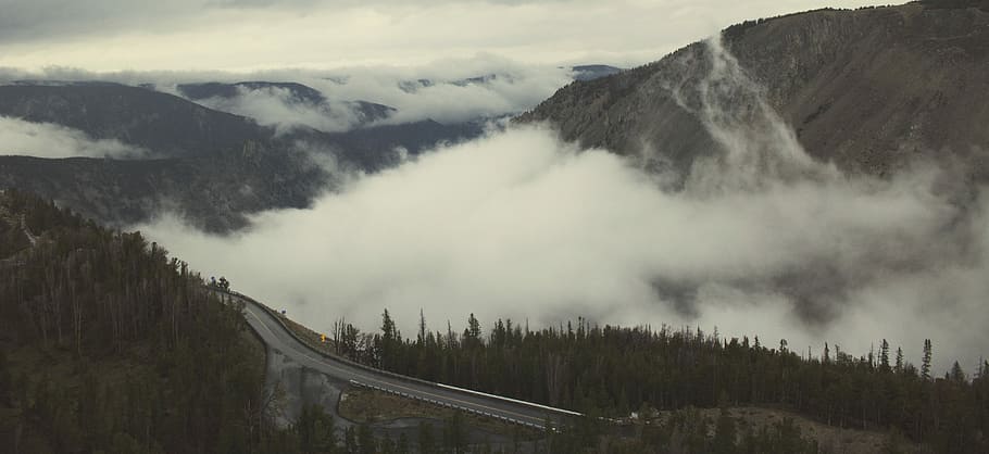aerial photo of road and mountains with white fogs at daytime, gray bridge near trees and fogs HD wallpaper