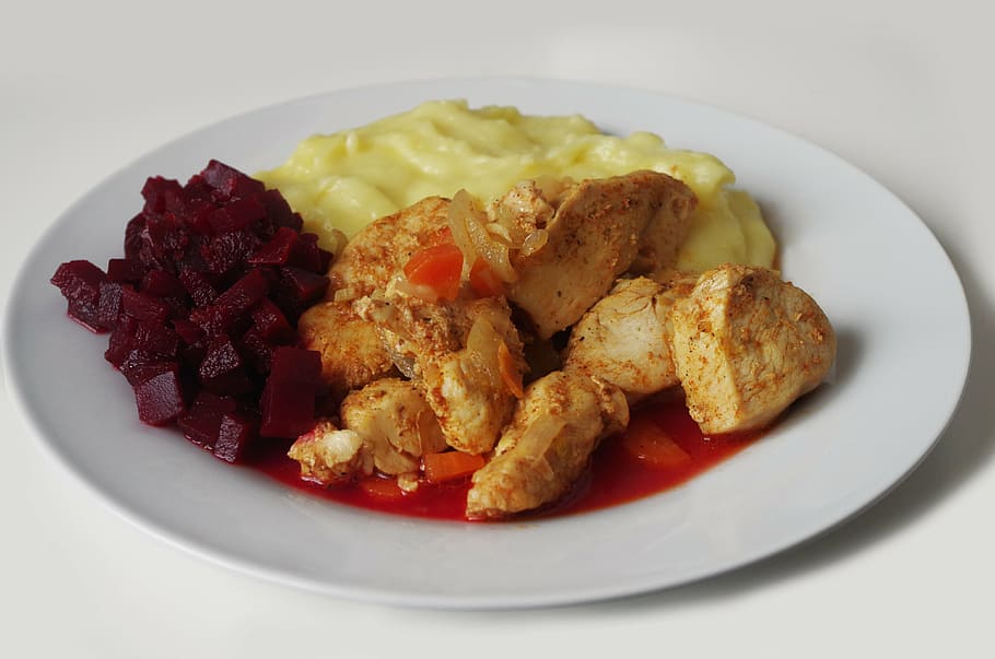 meal, lunch, chicken, plate, dish, sliac, potatoes, food, food and drink HD wallpaper