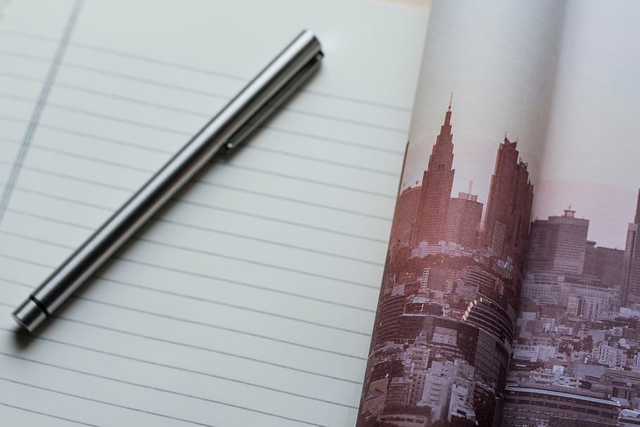 cityscape print, silver, pen, intermediate, paper, notebook HD wallpaper