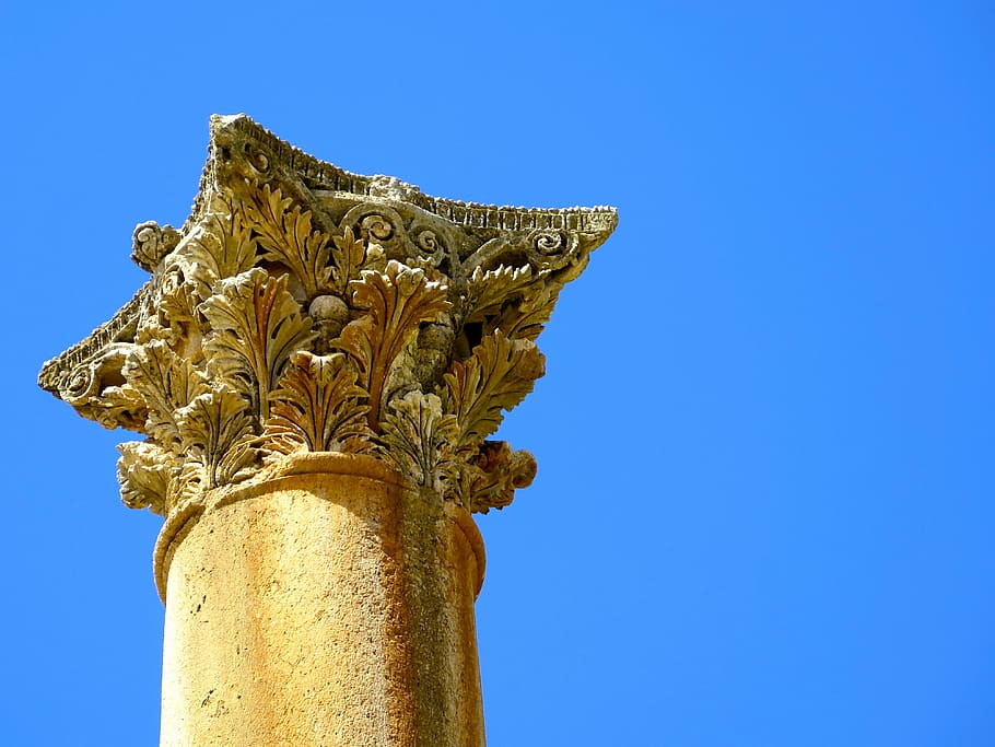jerash, jordan, column, blue, sky, clear sky, nature, no people HD wallpaper
