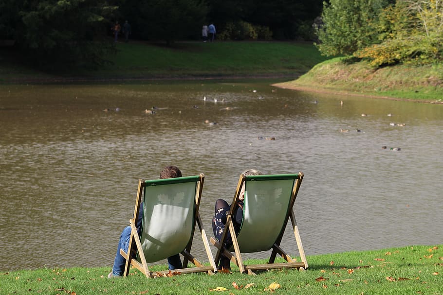 lake, view, deckchairs, winter sun, water, nature, plant, grass HD wallpaper