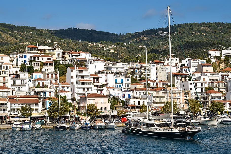 greece, skiathos, chora, town, port, island, summer, greek HD wallpaper