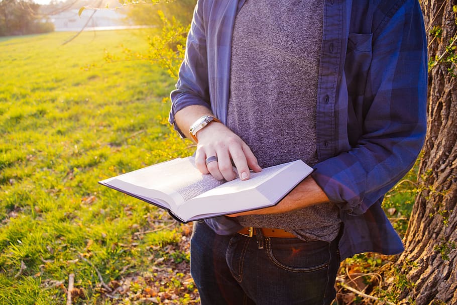 man in gray top reading book during daytime, guy, student, people HD wallpaper