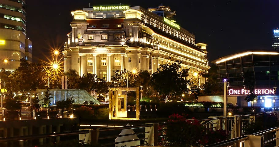 the Fullerton Hotel at night, architecture, illuminated, famous Place HD wallpaper