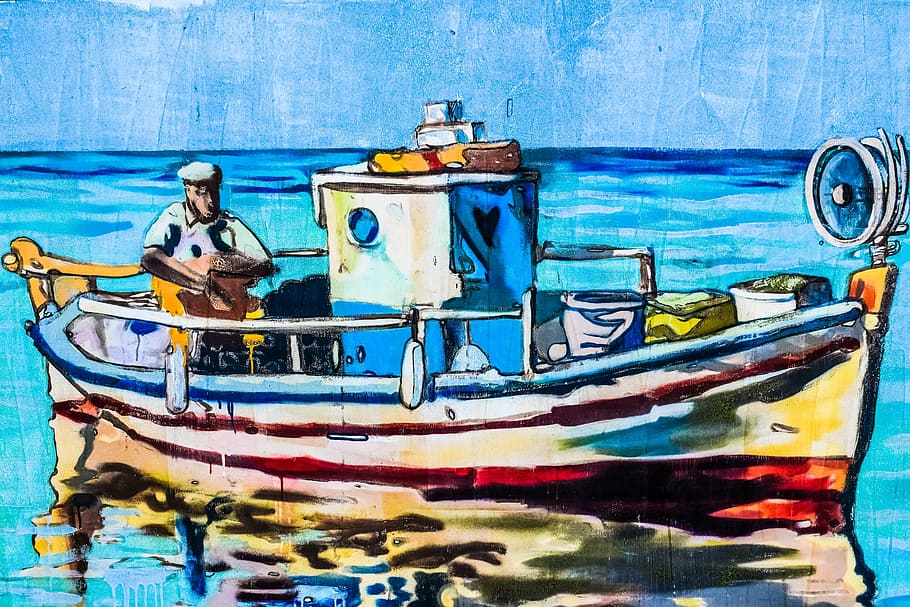 sailor on boat painting, fishing boat, tradition, graffiti, wall, HD wallpaper