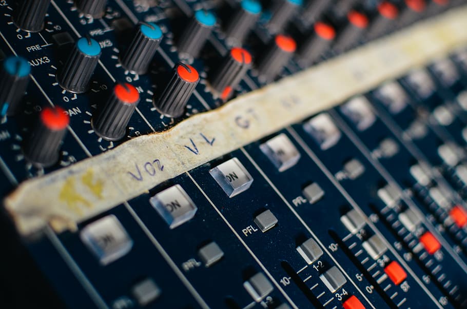blue audio mixer, music, table, sound, mixing board, studio, technology, HD wallpaper